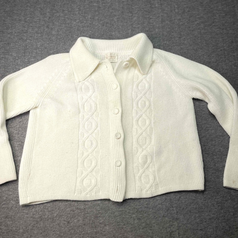 Vintage Sears Cardigan Women Small Ivory Cable Knit Button Up Collared Retro 70s